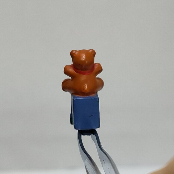 Miniature Brown Teddy Bear On Blue Present Box Decorative Tab Figurine Vintage - Picture 3 of 8